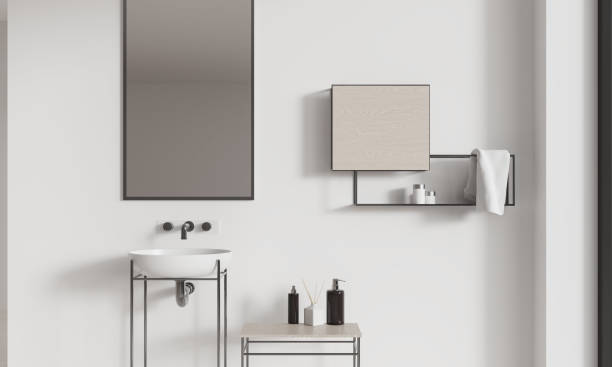 istock Minimalist bathroom interior with sink and accessories on shelf 1595917061