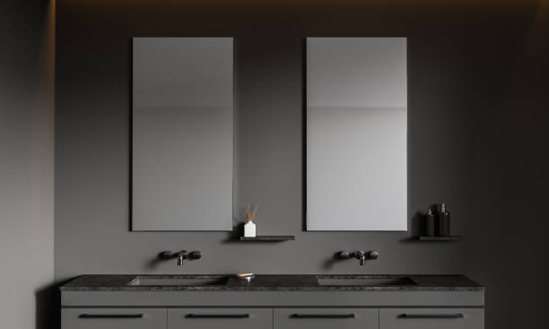 istock Gray bathroom interior with double sink and mirrors 1595919698
