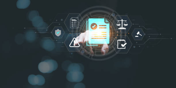 istock Businessman checking steps through virtual online document with list of checkboxes Concepts of practices and policies, company articles of association Terms and Conditions ,intellectual property 1595925570