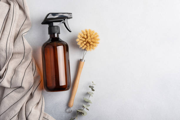 istock Eco-friendly cleaning set with soap bottle and wooden dish brushes 1595933490