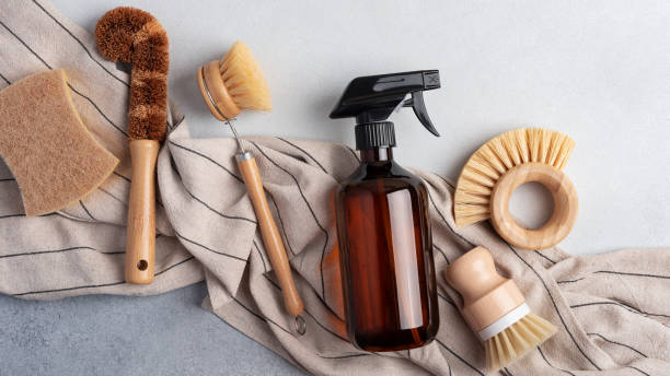 istock Eco-friendly cleaning set with soap bottle and wooden dish brushes 1595934035