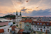 Sunset cityscape with panoramic view on the city of Brno with Spilberk Castle