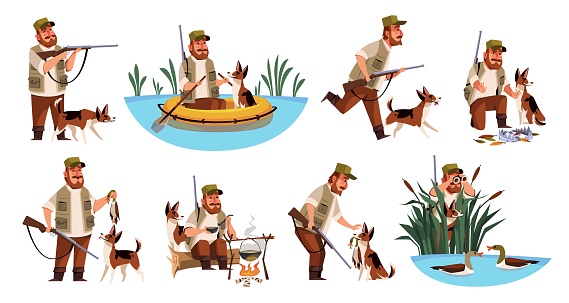 Cartoon hunter character. Funny dog and cute owner on duck hunting, sitting in boat in lake, rifle and equipment, waterfowl extraction, outdoor hobby, cooking on bonfire, isolated tidy vector set