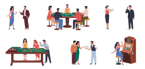 ilustrações de stock, clip art, desenhos animados e ícones de casino visitors. people are gambling, elegant men and women play roulette, poker and slot machines, waiter with alcohol, waiter and security, cartoon flat isolated nowaday vector set - casino worker