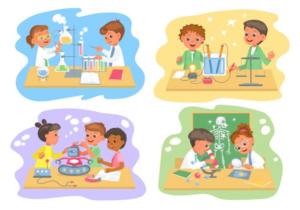 Little students work in laboratories. Happy children in practical biology or chemistry lessons. Physics class. Young scientists study. Kids group programming robots. Splendid vector set Little students work in laboratories. Happy children in practical biology or chemistry lessons. Physics class. Young scientists study. Kids group programming robots. Lab research. Splendid vector set child robot class stock illustrations
