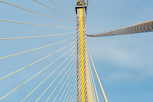 The Rama VIII bridge is a cable-stayed bridge crossing the Chao Phraya River in Bangkok, Thailand