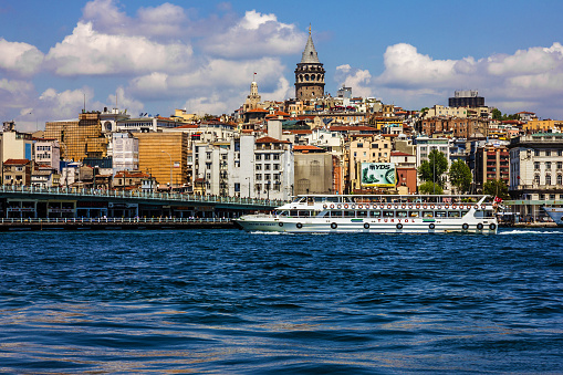 Istanbul, Turkey.- May 2, 2023: Galata tower architectural sea view