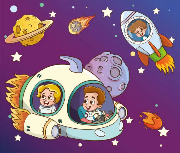 Vector illustration of Conquest of space. Space elements. Planet earth, sun and galaxy, spaceship and star, moon and small kids astronaut, vector illustration.