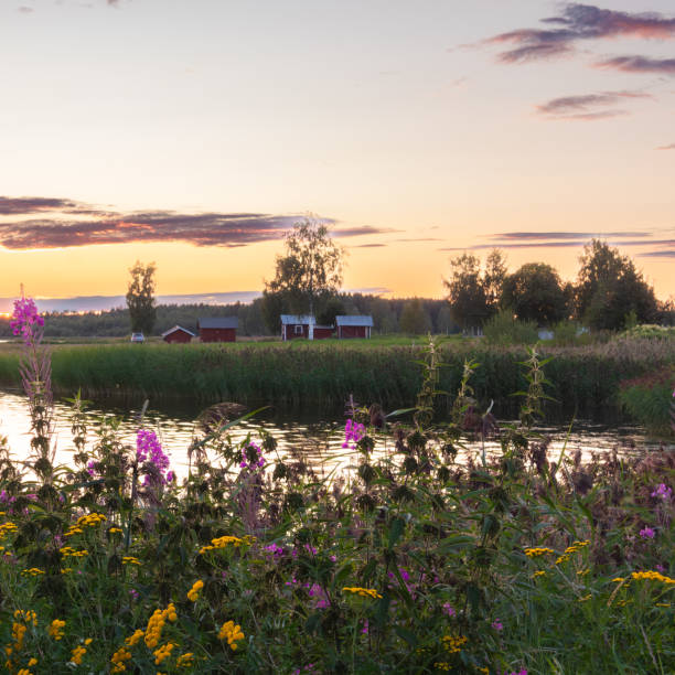 sunset over the river with small red buildings