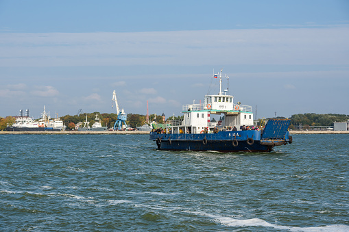 Baltiysk, Kaliningrad region, Russia - October 02, 2021: Ferry Nida crossing to the Vistula Spit from Baltiysk