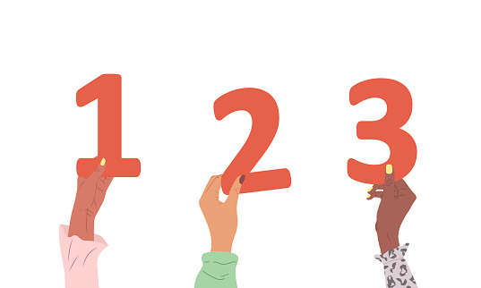 Group of different female hands holding red numbers. Diverse multi-ethnic people are together. Vector hand drawn illustration in cartoon style. Clipart isolated in white background.