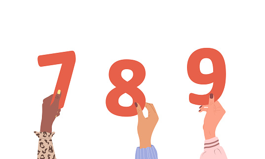Group of different female hands holding red numbers. Diverse multi-ethnic people are together. Vector hand drawn illustration in cartoon style. Clipart isolated in white background.