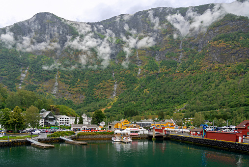 Flam, Norway - July 22, 2023: Vessels in Flam cruise passenger port, Norway