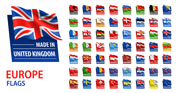 Made In - Vector Set. Europe Flags and Text Made In. Isolated on White Backround