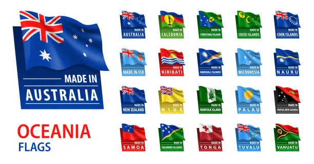 Vector illustration of Made In - Vector Set. Oceania Flags and Text Made In. Isolated on White Backround