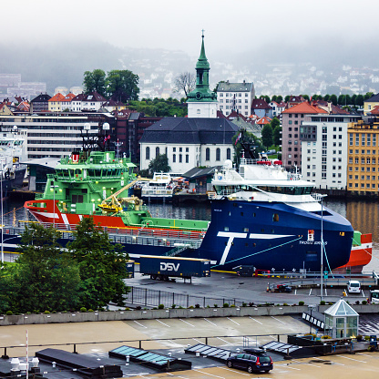 Bergen, Norway - August 1, 2023: Cargo vessel in port
