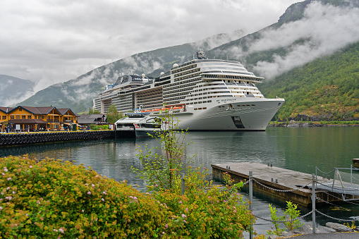 Flam, Norway - July 5, 2023: Cruise liner MSC Meraviglia in Flam sea port.