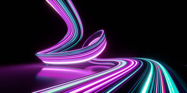 istock 3d render. Abstract panoramic background of twisted dynamic neon lines glowing in the dark room with floor reflection. Virtual fluorescent ribbon loop. Fantastic minimalist wallpaper 1596057583