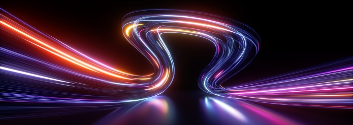 3d render. Abstract neon background of dynamic lines glowing in the dark room with floor reflection. Fluorescent ribbon