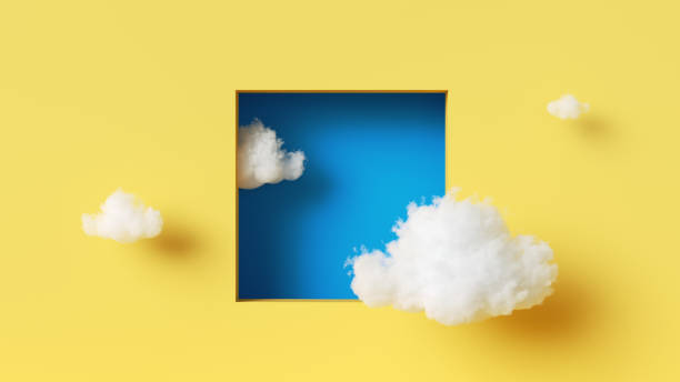istock 3d rendering, abstract background. White clouds fly inside the square blue hole on the yellow wall. Minimalist modern wallpaper 1596059524