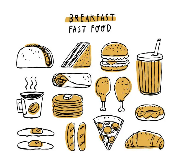 Vector illustration of vector line drawn breakfast fast food, junk food, high calories, delicious
