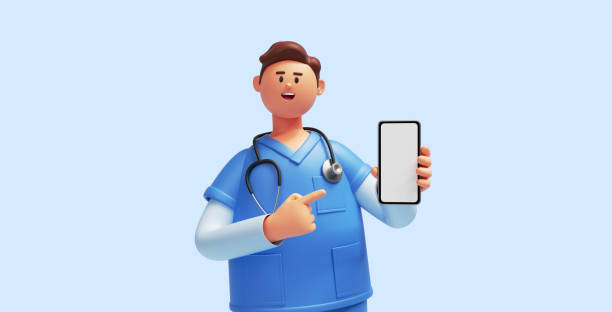 3d render, caucasian young man, nurse cartoon character wears blue shirt, looks at camera, shows smart phone with blank screen. Hospital support. Health care online consultation. Medical clip art renderizado 3d, joven caucásico, personaje de dibujos animados de enfermería usa camisa azul, mira a la cámara, muestra un teléfono inteligente con pantalla en blanco. apoyo hospitalario. consulta en línea de atención médica. imágenes prediseñadas