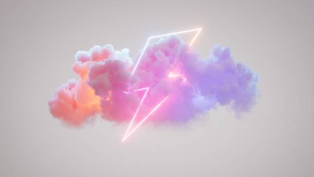 istock 3d render, geometric lightning sign glows with neon light inside the colorful cloud isolated on white background, fantasy sky. Stormy cumulus with geometric shape 1596067191