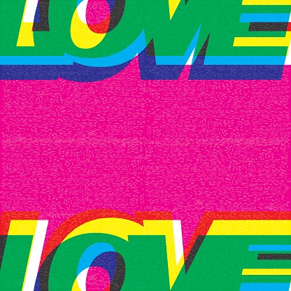 Love word CMYK colors overlap transparent riso print effect vector illustration with blank space. Colorful graphic elements retro risograph technique.