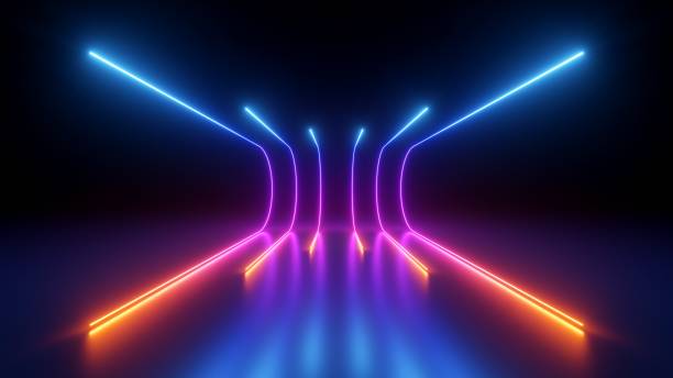 istock 3d render, rounded pink blue neon lines, glowing in the dark. Abstract minimalist geometric background. Ultraviolet spectrum. Cyber space. Futuristic wallpaper 1596082611