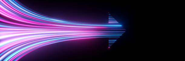 istock 3d render, abstract minimalist geometric background. Speed concept. Colorful neon arrow shows right direction, glowing in the dark 1596086881