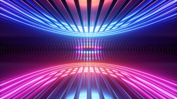 istock 3d render. Abstract futuristic neon background. Rounded red blue lines, glowing against a backdrop of metal strips. Ultraviolet spectrum. Cyber space. 1596088212