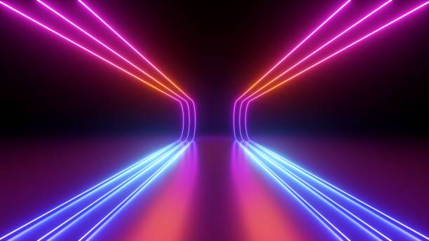 istock 3d render, rounded pink blue neon lines, glowing in the dark. Abstract minimalist geometric background. Ultraviolet spectrum. Cyber space. Futuristic wallpaper 1596088431
