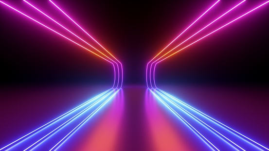 3d render, rounded pink blue neon lines, glowing in the dark. Abstract minimalist geometric background. Ultraviolet spectrum. Cyber space. Futuristic wallpaper