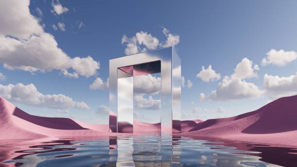istock 3d render. Abstract fantasy panoramic background. Surreal scenery of pink sand dunes under the blue sky with white clouds, mirror geometric portal above the calm water. Modern minimal wallpaper 1596088962