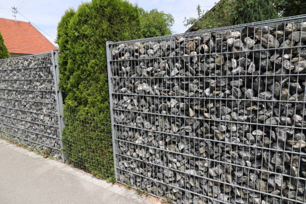 a gabion with plants in between stock photo