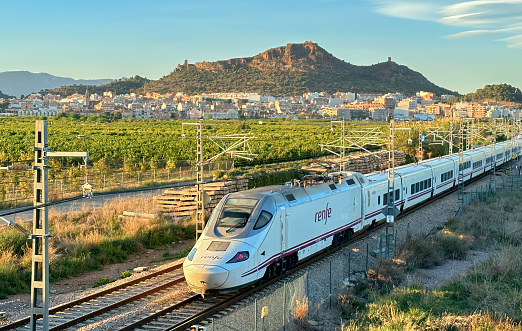 SNCF - Spanish National Rail Network. Talgo 250 Dual train. April 12, 2023, Spain, Valencia region.