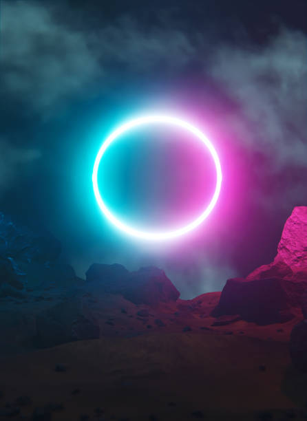 istock Neon Circle Lights a Rocky Landscape with Colors 1596098772