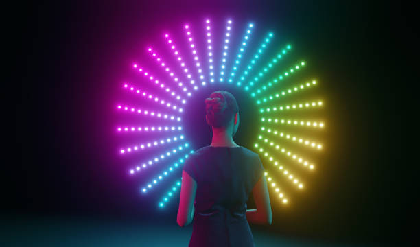 Woman Faces Rainbow-Lit Portal to the Unknown