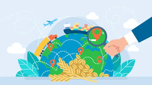 Vector illustration of Searching for ways to transport grain. The concept of harvest, export, import. Planet earth and transport. Global logistics network, logistic import export and transport. Flat vector illustration