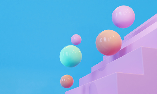 Colorful balls in pastel colors bounce down a purple staircase. Blue background. The balls shine.