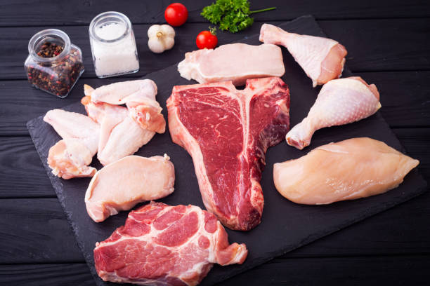 istock Assortment of raw meat chicken , beef and pork . 1596112596