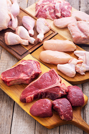 Assortment of raw meat chicken , beef and pork . front view