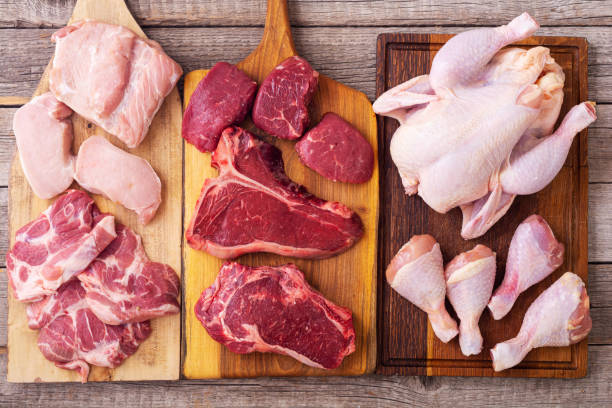 istock Assortment of raw meat chicken , beef and pork . 1596113104