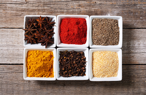 Mix of spices . Indian food background . Top view