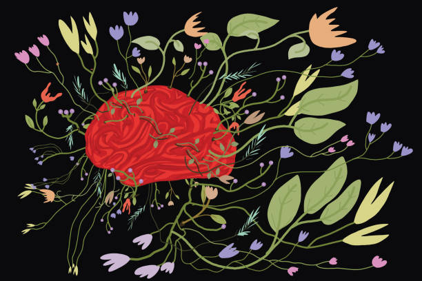 World Mental Health Day Illustration of a brain with flowers growing out of it showing the mental state he is edgy drawings stock illustrations