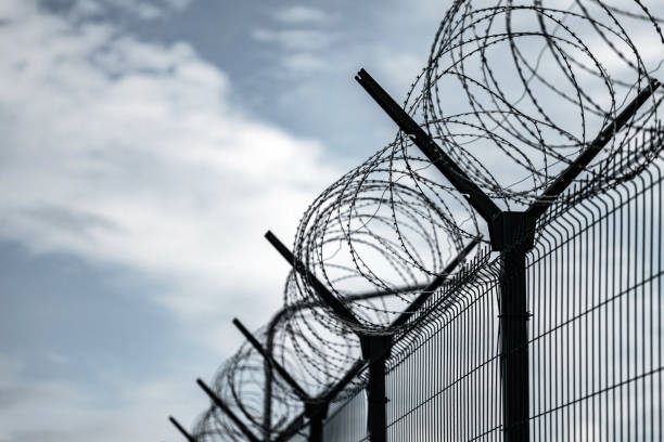 Barbed Wire Fence. Jail or border fence with razor wire against dark sky. Security concept stock photo