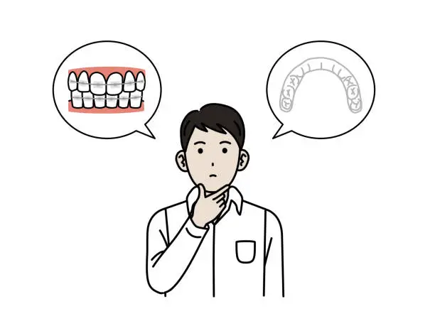 Vector illustration of Young man thinking about orthodontics