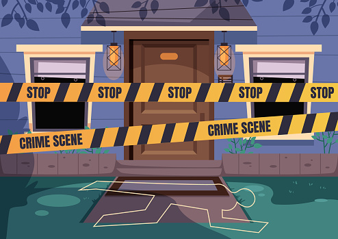 Crime scene home house door with yellow tape concept. Vector flat graphic design