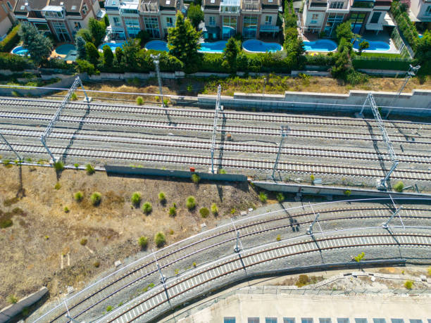 istock Aerial view of a large rail system centre depot with train lines 1596233903