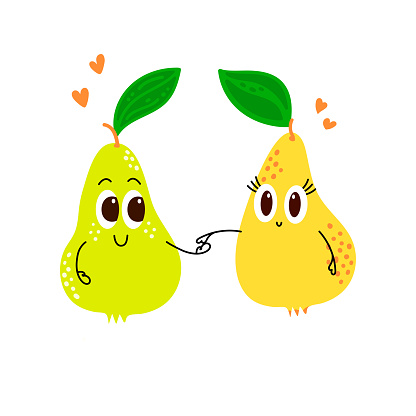 Funny pear characters hold hands. Romantic cartoon love pears. The concept of love, romantic relationship, dating. Vector illustration